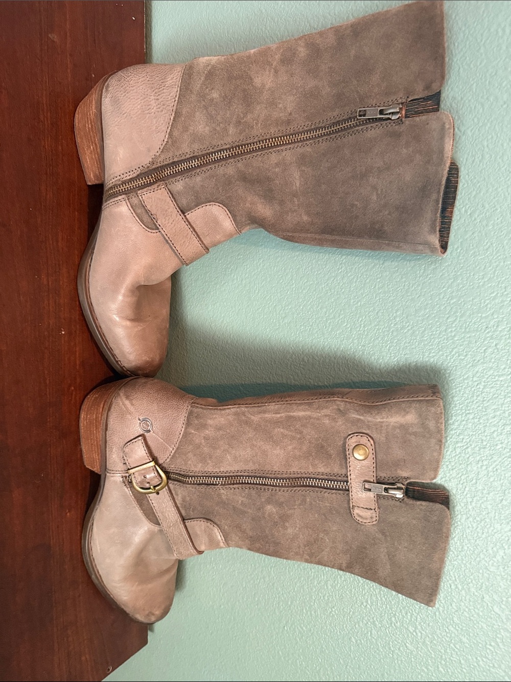 Born Taupe Suede & Leather Mid-Calf Heeled Boots
